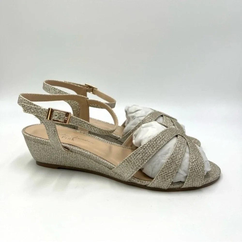 Paradox London Womens Size 7‎ Jackie Low Wedge Champagne Shimmer Dress Sandals